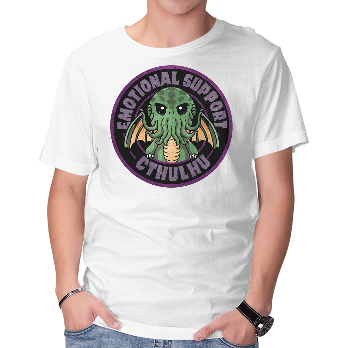 Emotional Support Cthulhu – Horror Graphic T-Shirt in white, product display