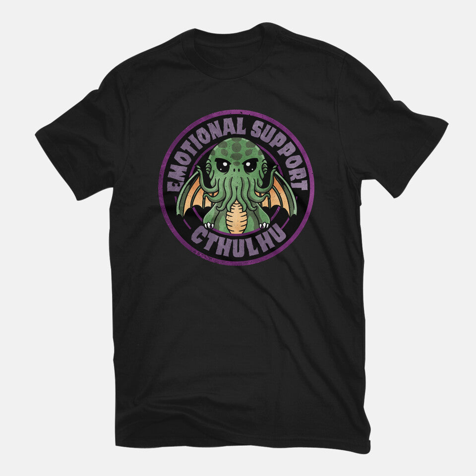 Emotional Support Cthulhu – Horror Graphic T-Shirt in black, flat-lay product view