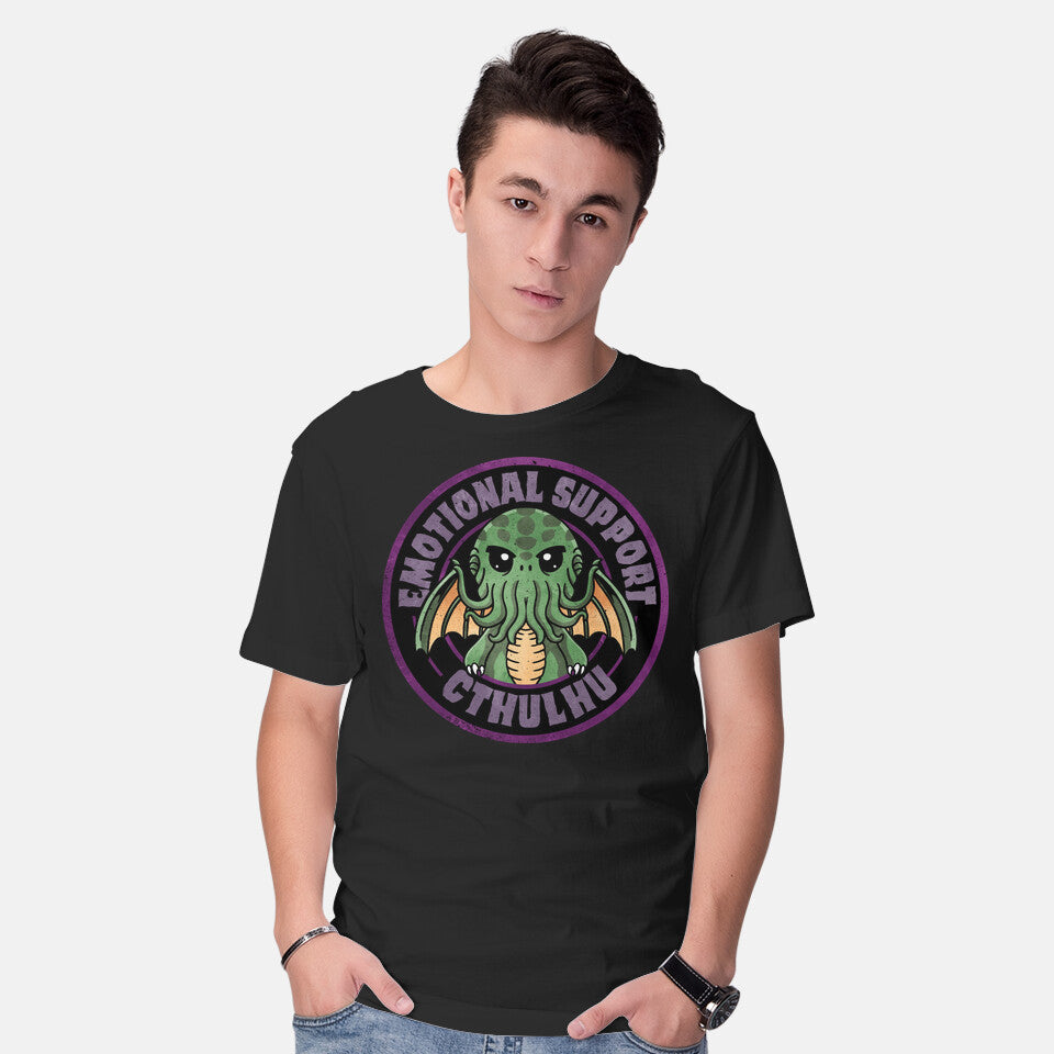 Model wearing black Emotional Support Cthulhu – Horror Graphic T-Shirt