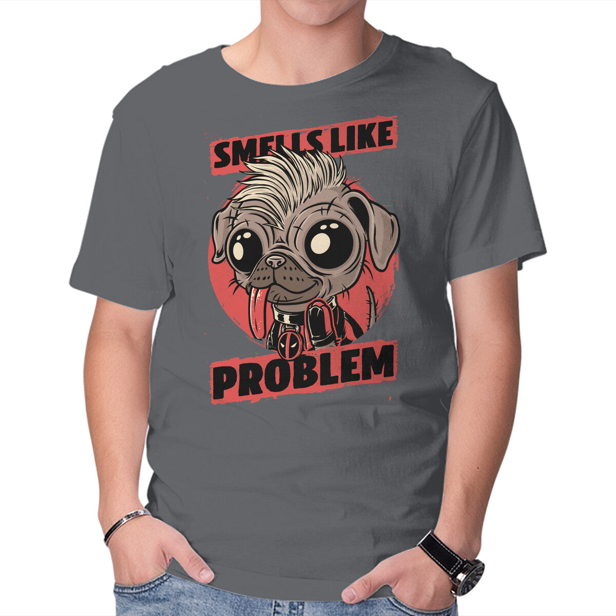 Dead Cute Dog Hero – Dog Graphic T-Shirt in charcoal, product display