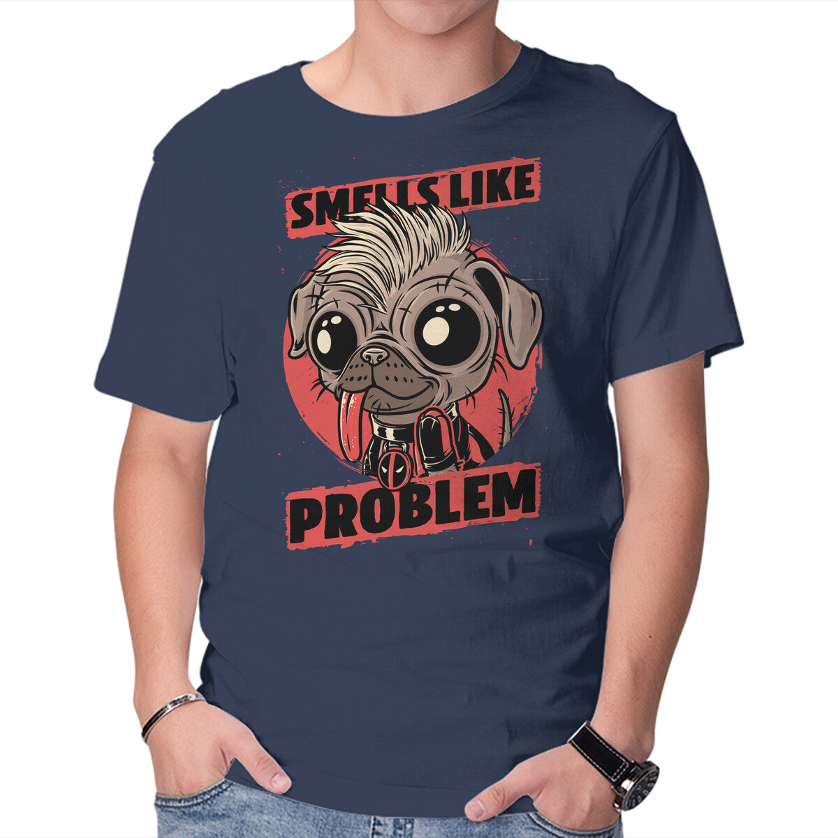 Dead Cute Dog Hero – Dog Graphic T-Shirt in navy, product display