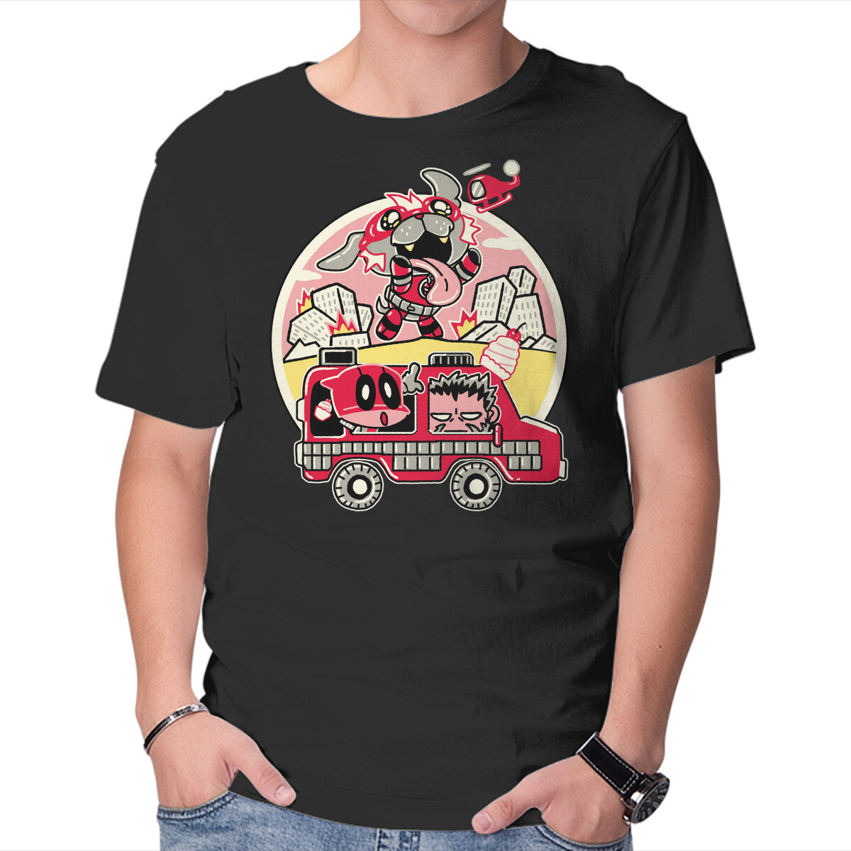 Dogpoolzilla – Dog Graphic T-Shirt in black, product display