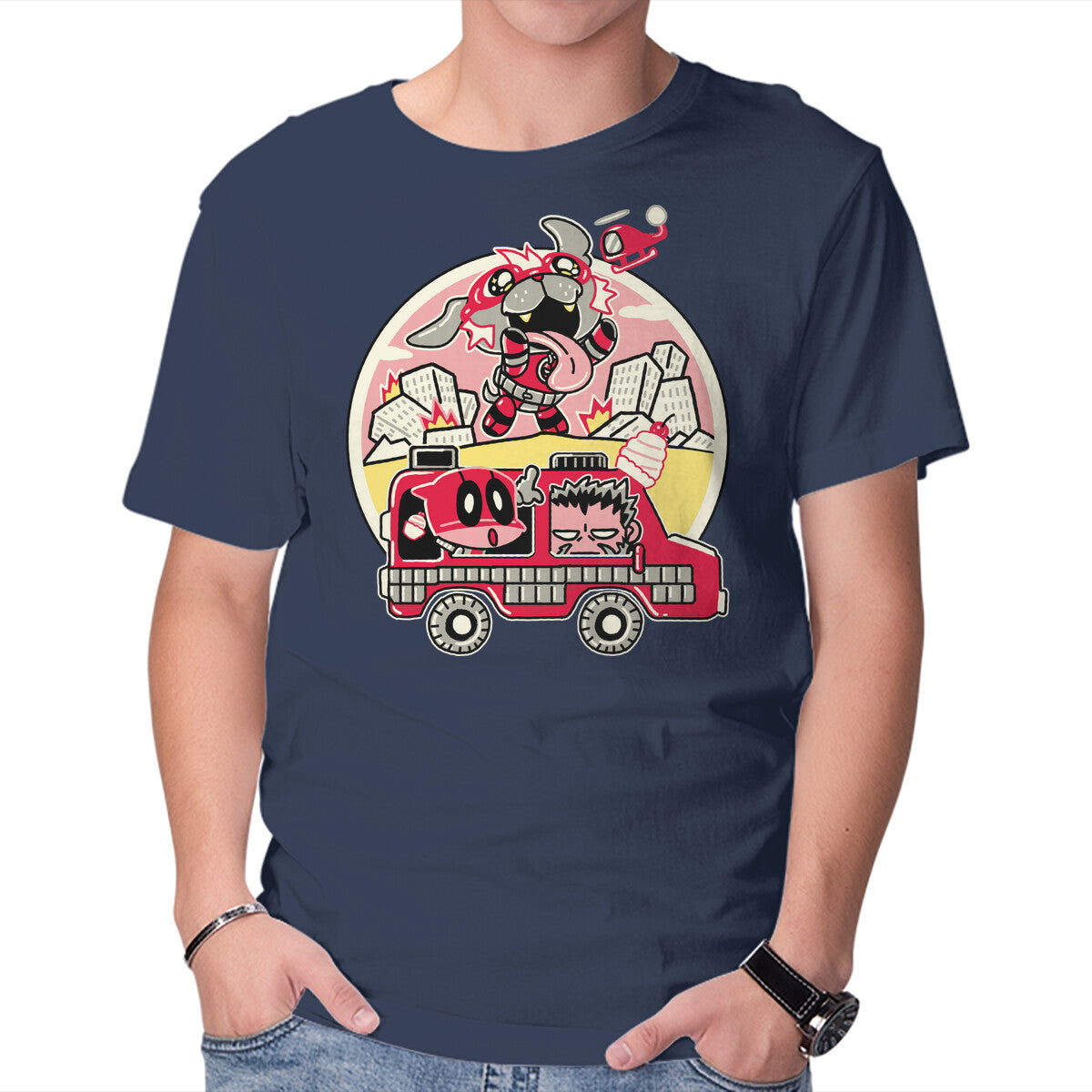 Dogpoolzilla – Dog Graphic T-Shirt in navy, product display