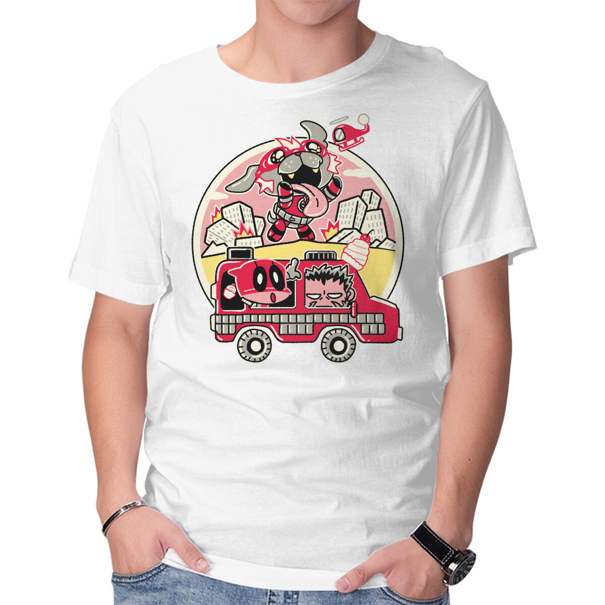 Dogpoolzilla – Dog Graphic T-Shirt in white, product display