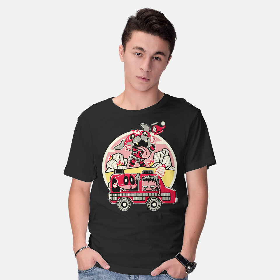 Model wearing black Dogpoolzilla – Dog Graphic T-Shirt