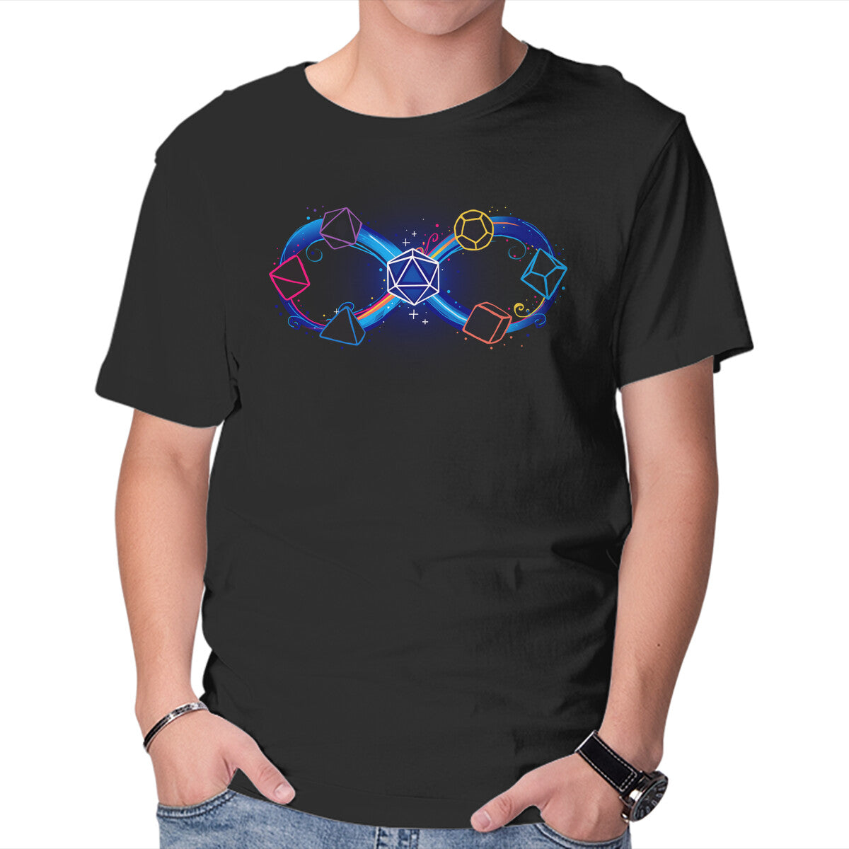 Infinity Dice – Gaming Graphic T-Shirt in black, product display