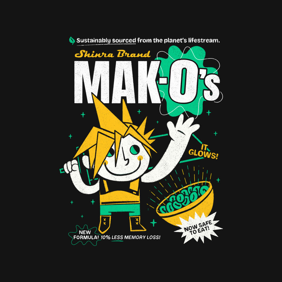 Mak-O's Cereal – Gaming Graphic T-Shirt design artwork for black graphic T-shirt