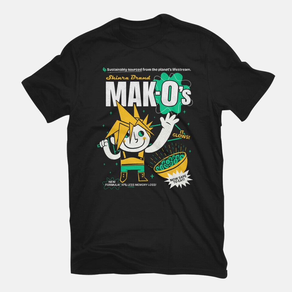 Mak-O's Cereal – Gaming Graphic T-Shirt in black, flat-lay product view