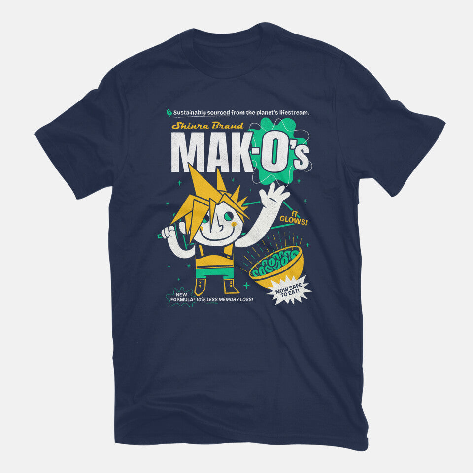 Mak-O's Cereal – Gaming Graphic T-Shirt in navy, flat-lay product view