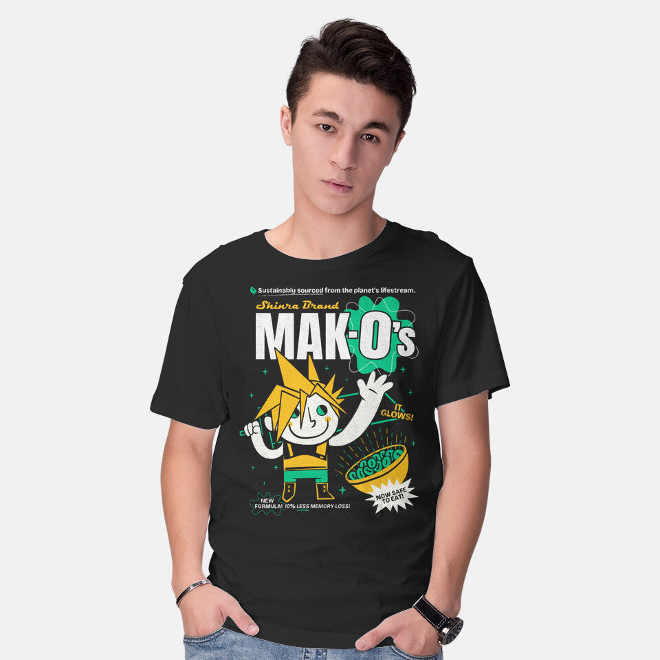 Model wearing black Mak-O's Cereal – Gaming Graphic T-Shirt