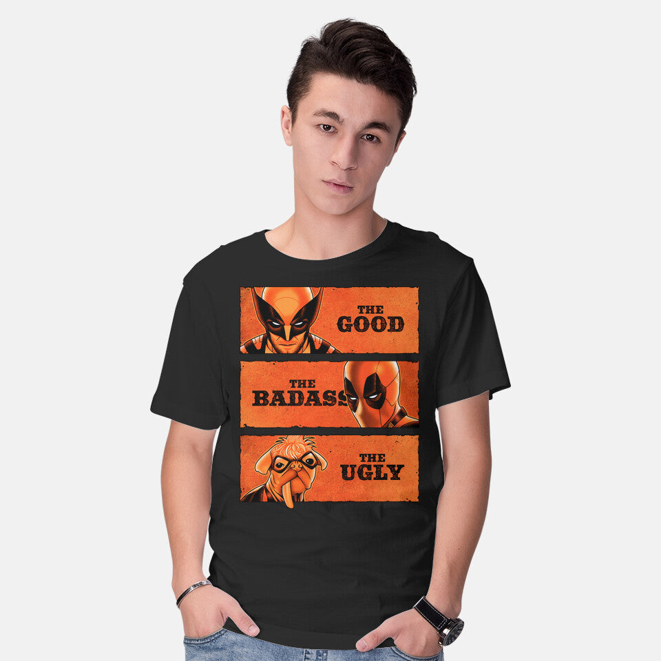 Model wearing black The Good The Badass The Ugly – Movie Graphic T-Shirt