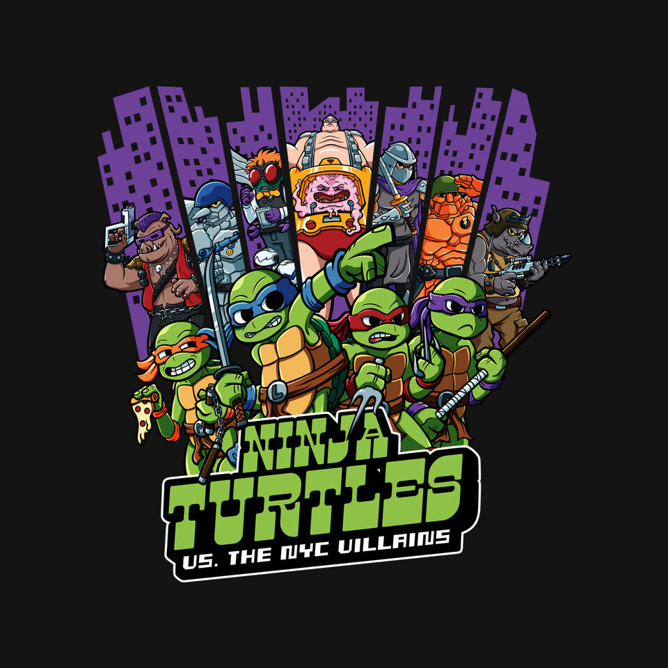 Ninja Turtles Vs The NYC Villains Graphic T-Shirt design artwork for black graphic T-shirt