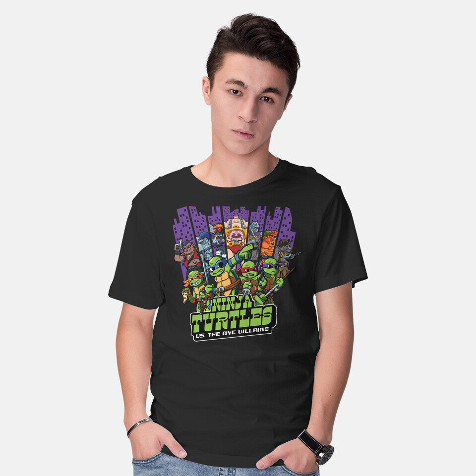 Model wearing black Ninja Turtles Vs The NYC Villains Graphic T-Shirt