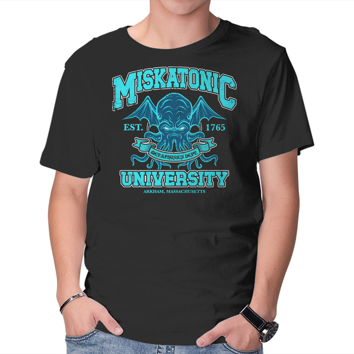 Miskatonic Metaphysics Dept – Horror Graphic T-Shirt in black, product display