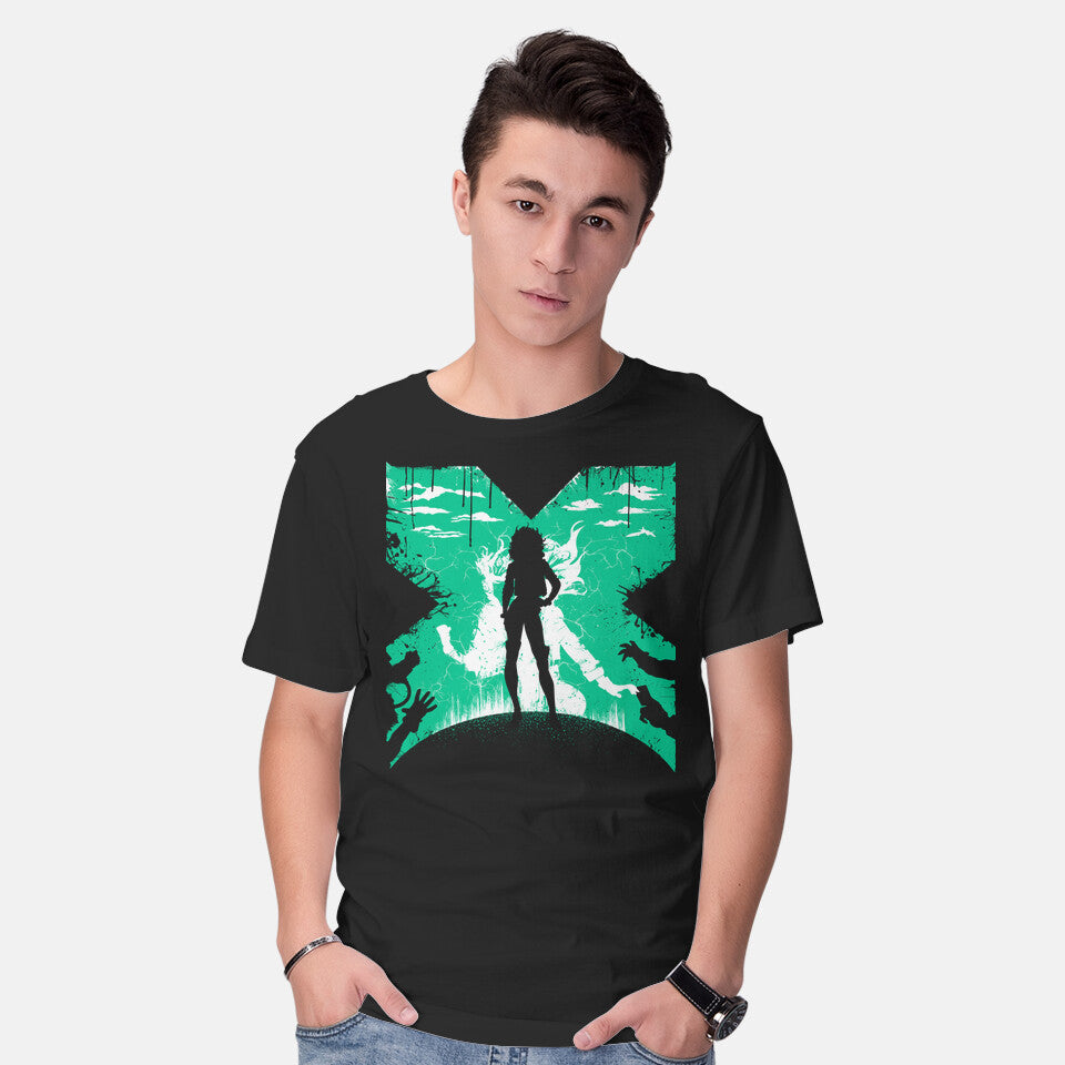 Model wearing black The Rogue – Sci-Fi Graphic T-Shirt