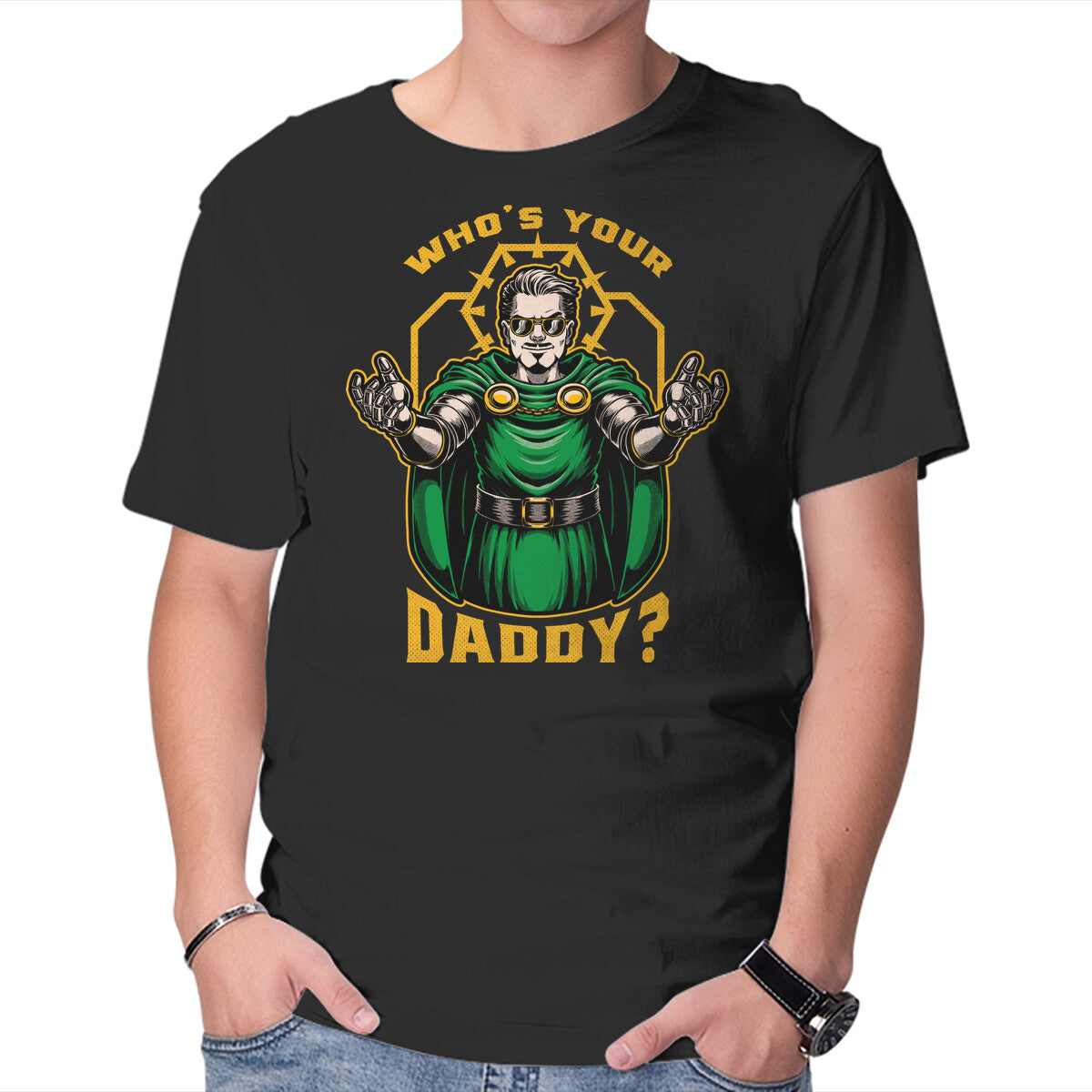 Doom Daddy Comic Villain – Fantasy Graphic T-Shirt in black, product display