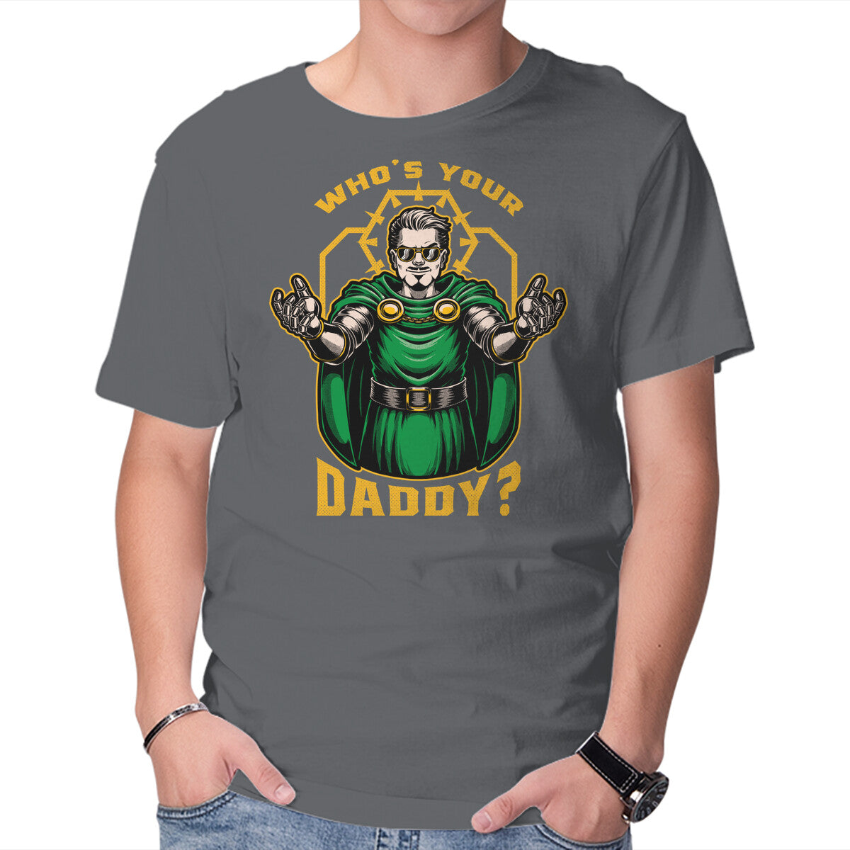Doom Daddy Comic Villain – Fantasy Graphic T-Shirt in charcoal, product display