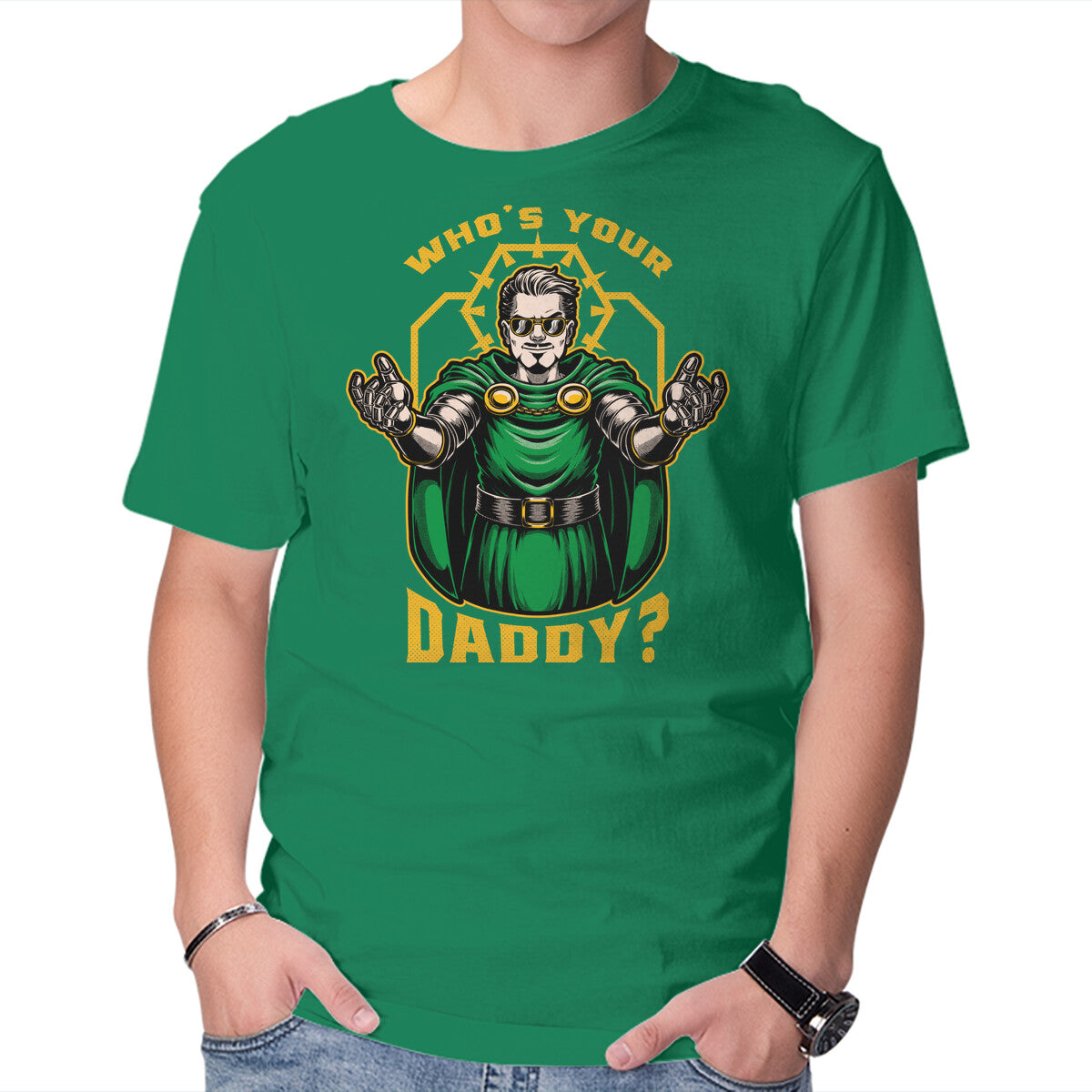 Doom Daddy Comic Villain – Fantasy Graphic T-Shirt in green, product display