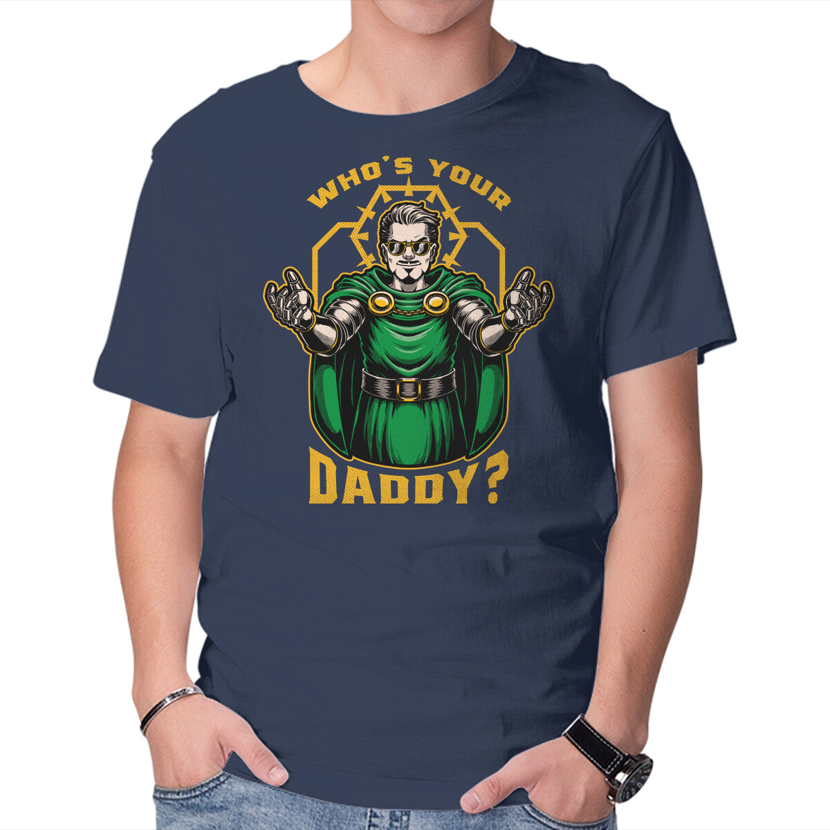 Doom Daddy Comic Villain – Fantasy Graphic T-Shirt in navy, product display