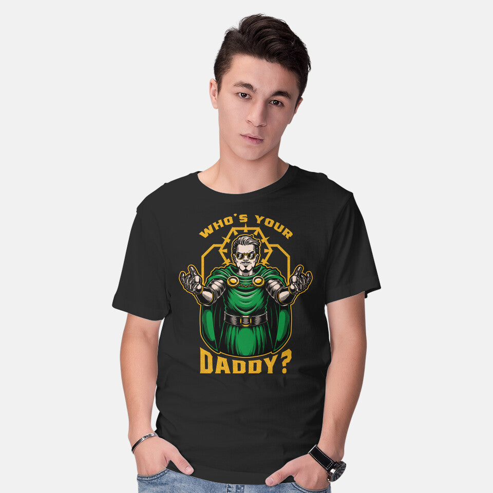 Model wearing black Doom Daddy Comic Villain – Fantasy Graphic T-Shirt