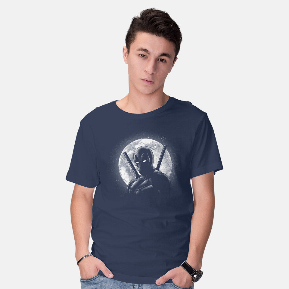 Model wearing navy Moonlight Merc – Movie Graphic T-Shirt