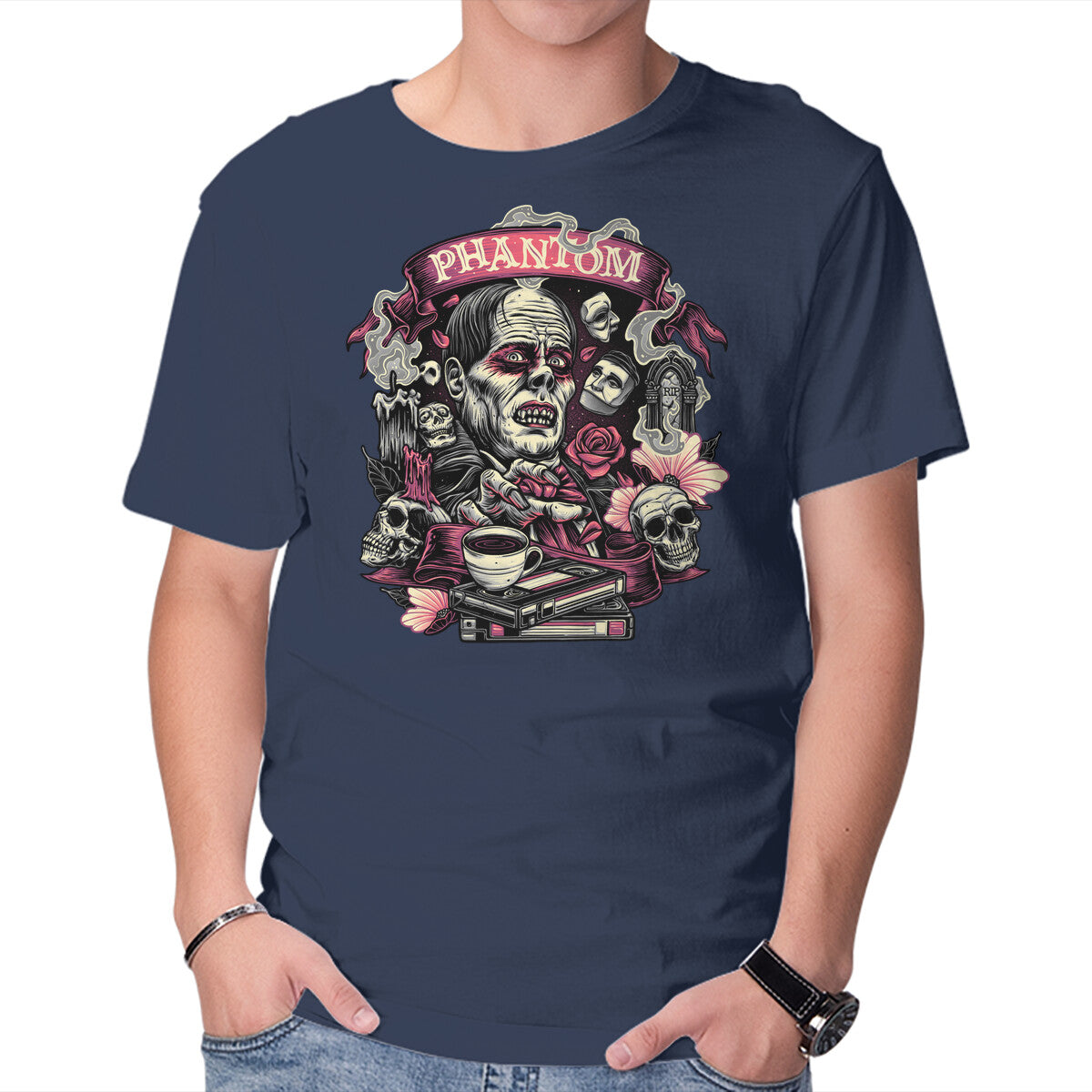 Many Faces Of The Phantom – Halloween Graphic T-Shirt in navy, product display