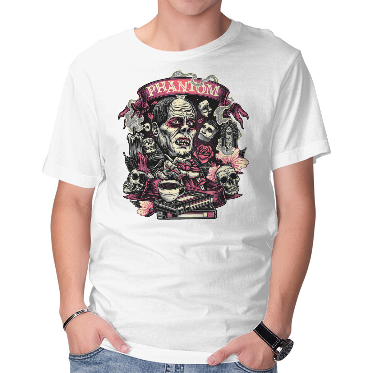 Many Faces Of The Phantom – Halloween Graphic T-Shirt in white, product display