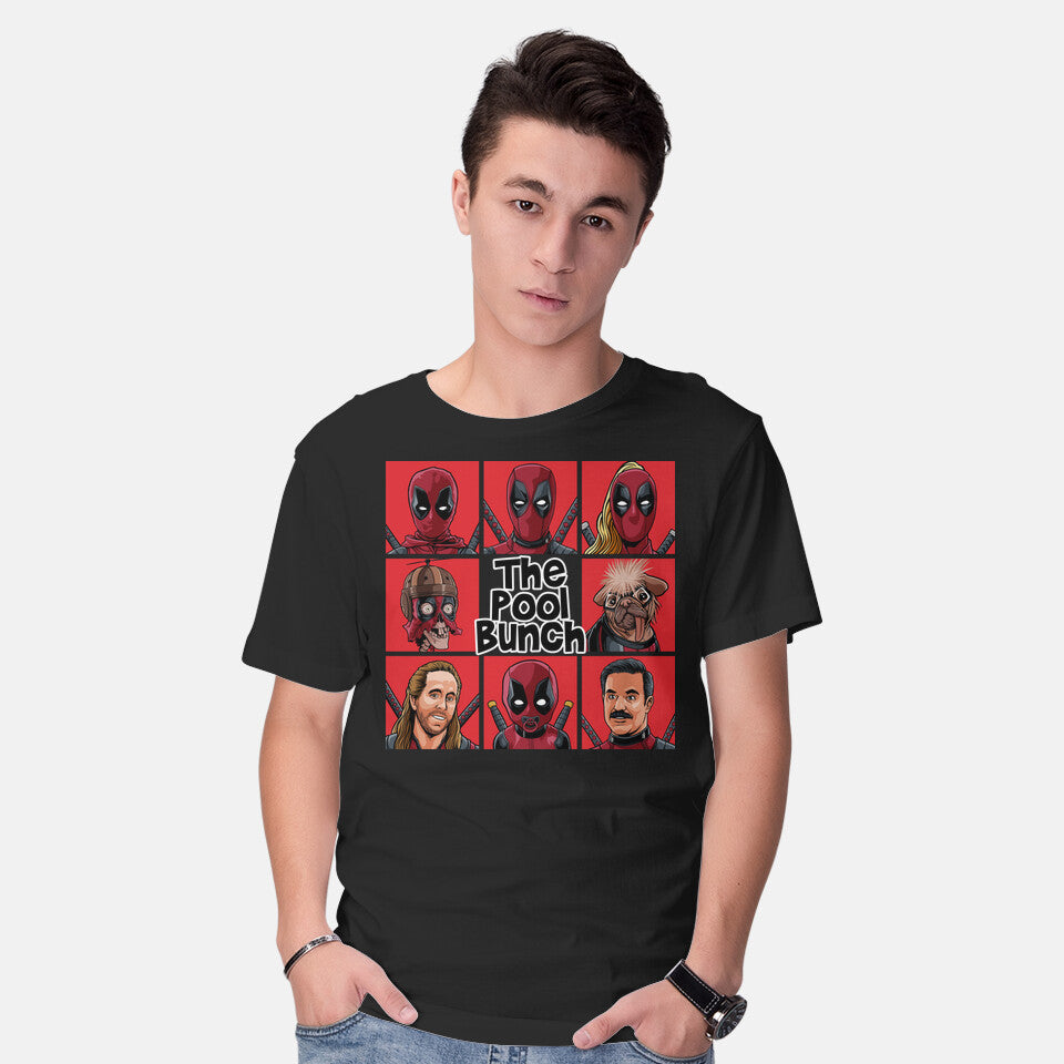 Model wearing black The Pool Bunch – Movie Graphic T-Shirt