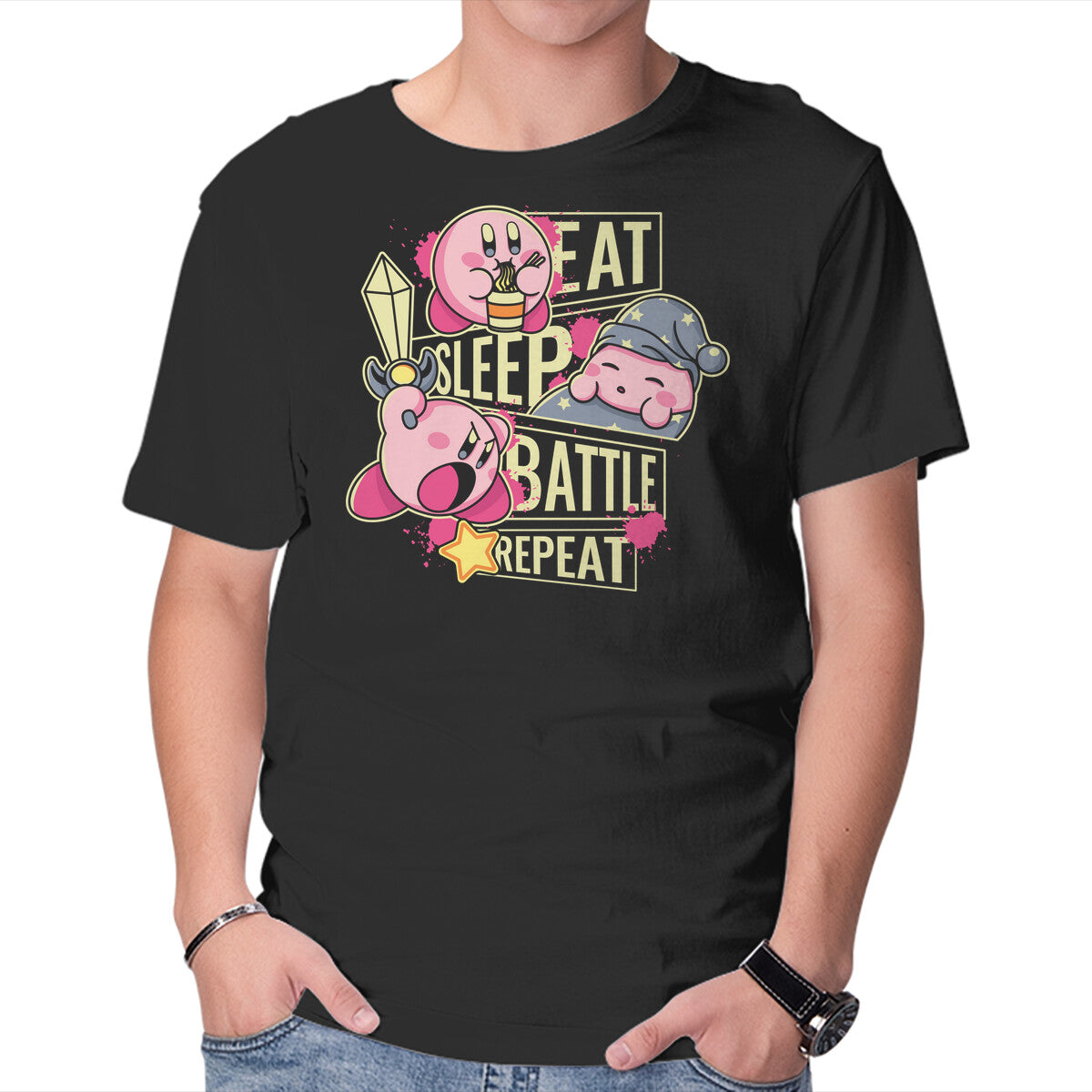 Eat Sleep Battle Repeat – Gaming Graphic T-Shirt in black, product display