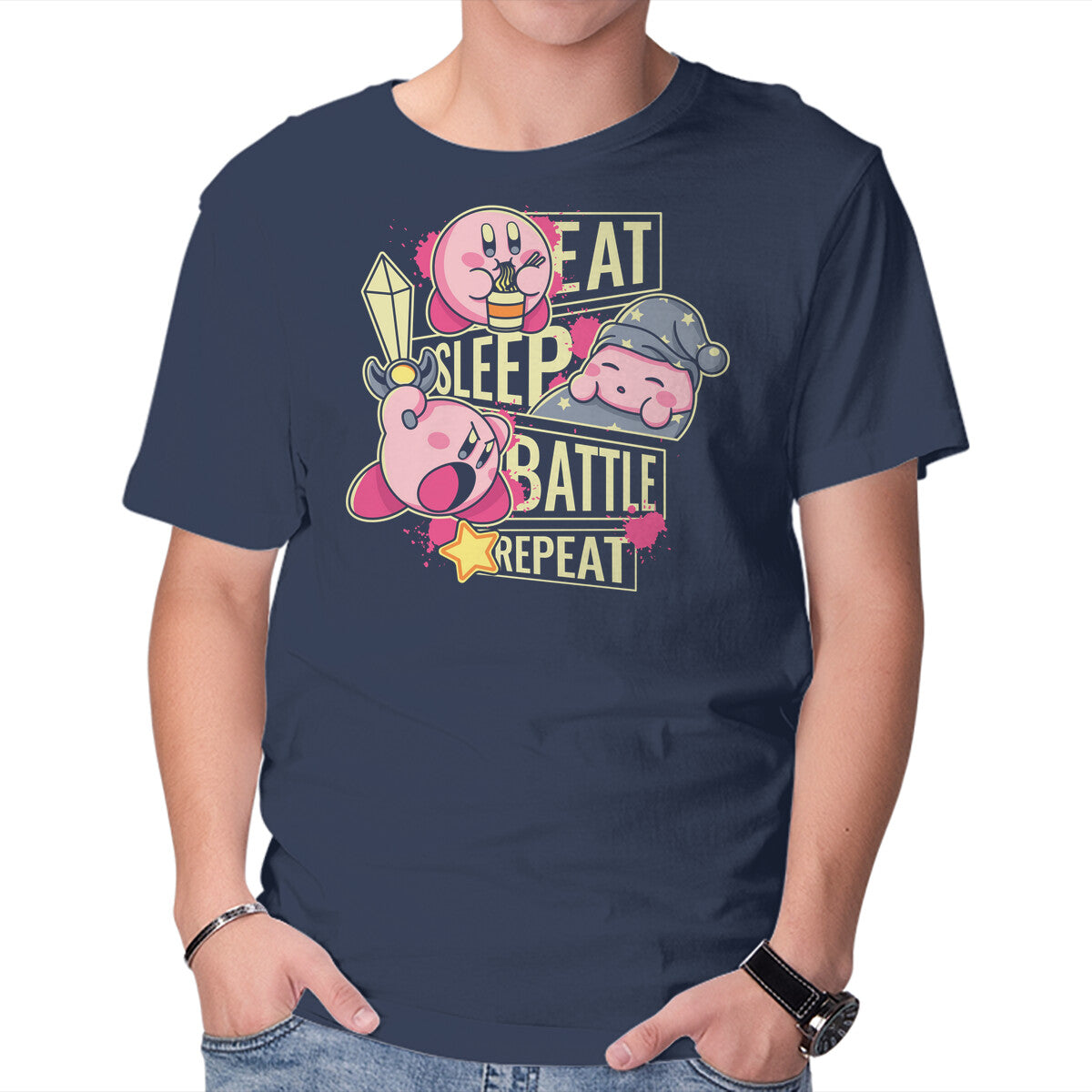 Eat Sleep Battle Repeat – Gaming Graphic T-Shirt in navy, product display