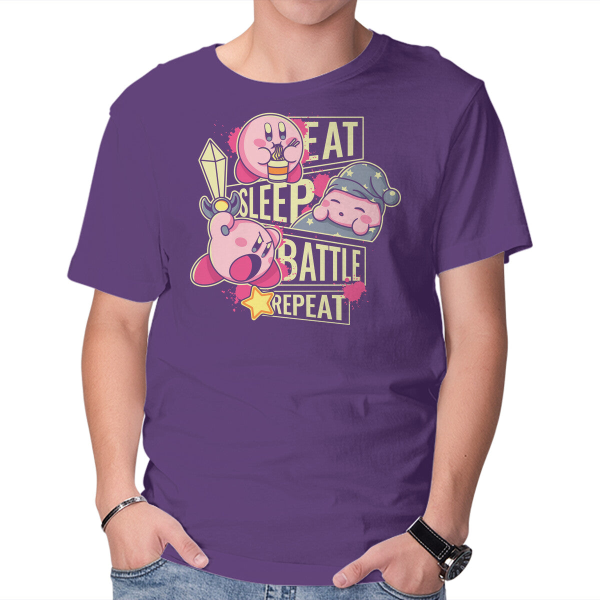 Eat Sleep Battle Repeat – Gaming Graphic T-Shirt in purple, product display