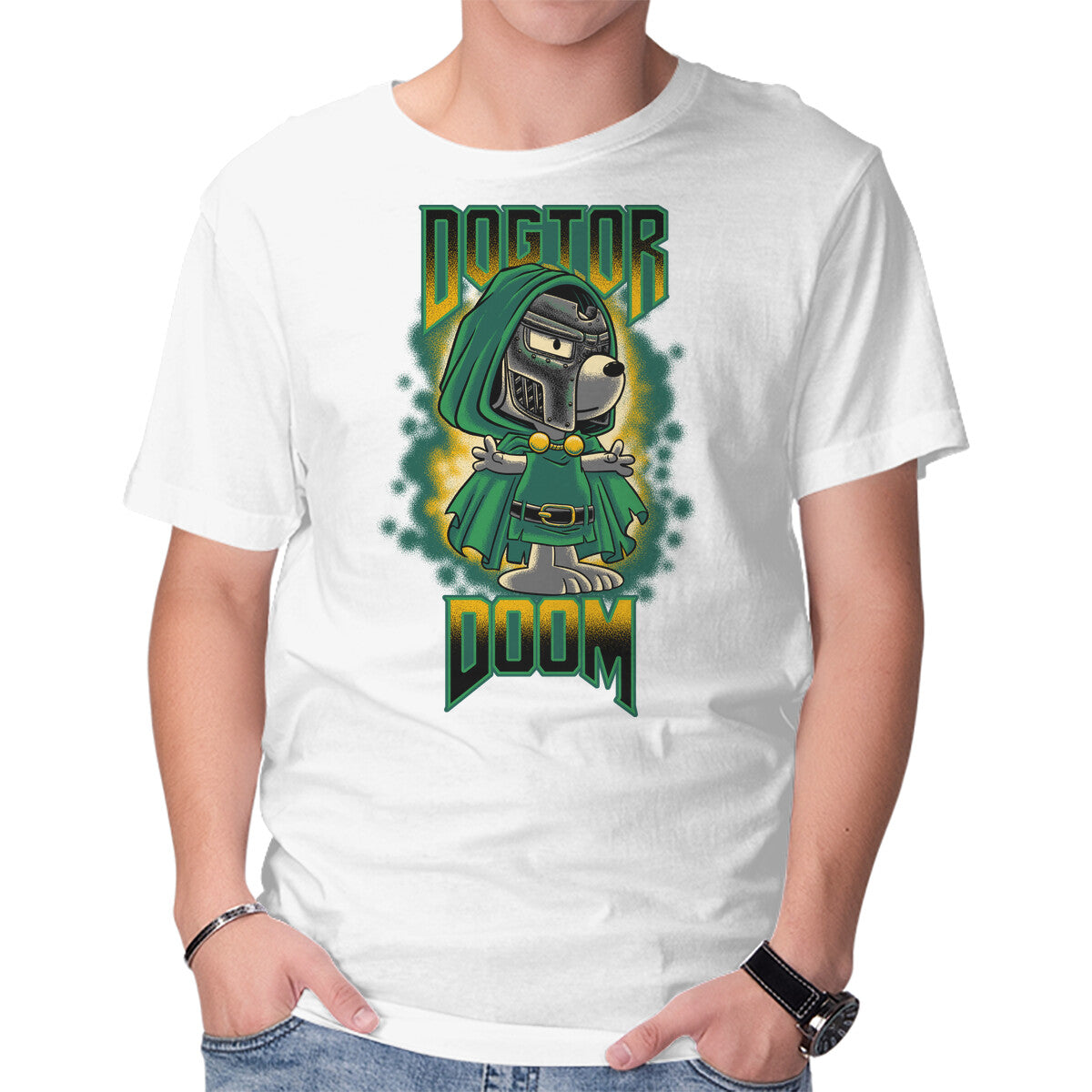 Dogtor Doom – Funny Graphic T-Shirt in white, product display