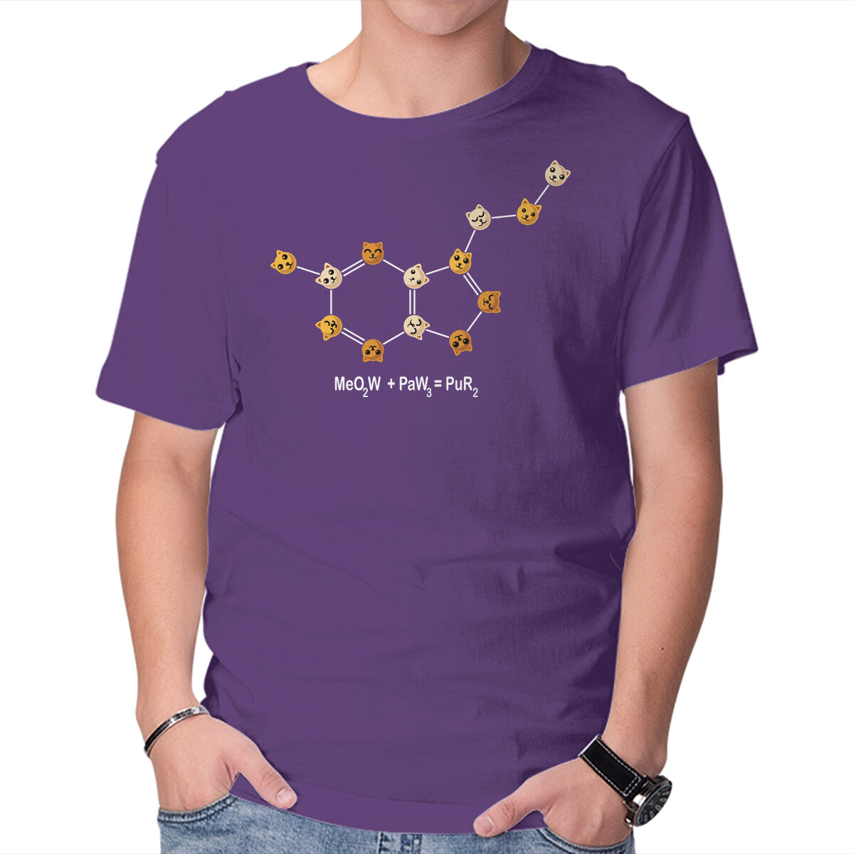 Happiness Meowlecule – Cat Graphic T-Shirt in purple, product display