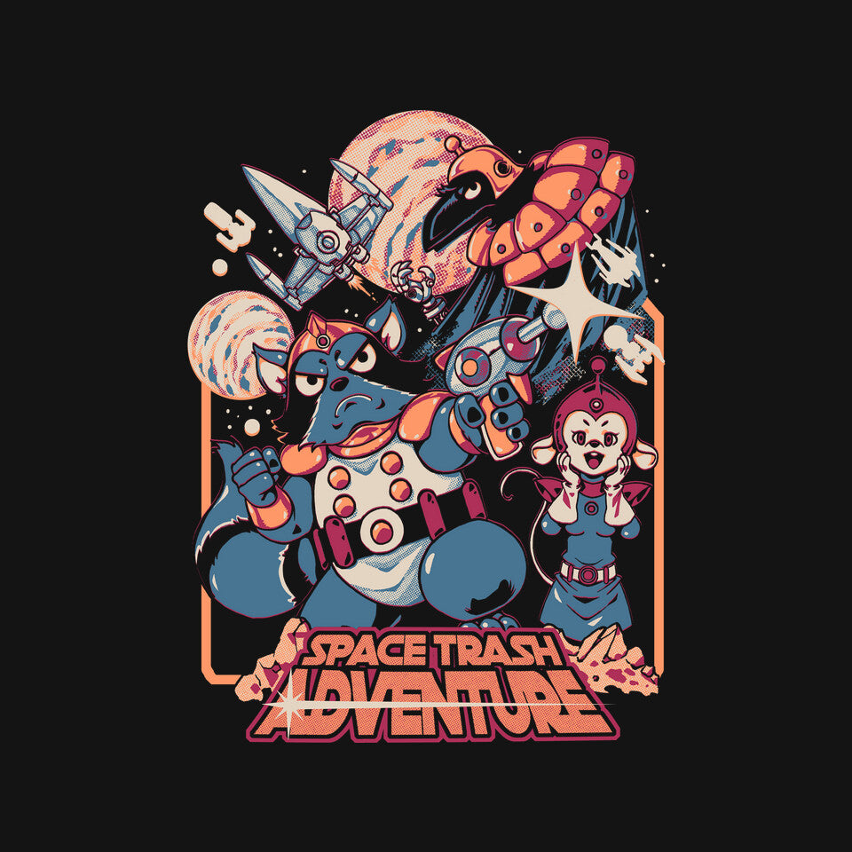 Space Trash Adventure – Sci-Fi Graphic T-Shirt design artwork for black graphic T-shirt