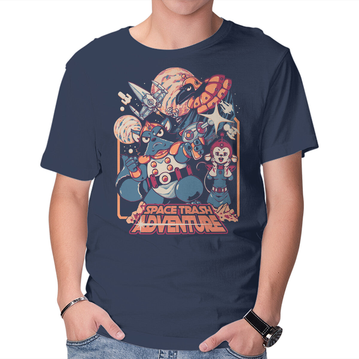 Space Trash Adventure – Sci-Fi Graphic T-Shirt in navy, product display