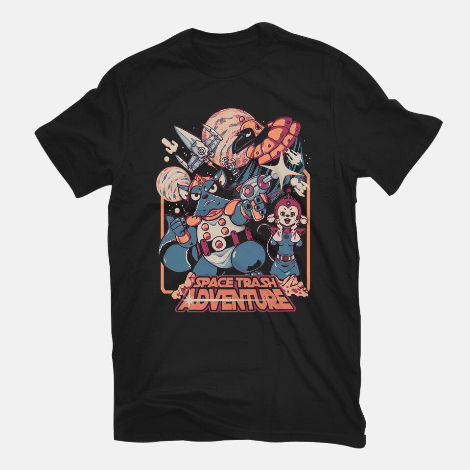 Space Trash Adventure – Sci-Fi Graphic T-Shirt in black, flat-lay product view