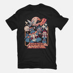 Space Trash Adventure – Sci-Fi Graphic T-Shirt in black, flat-lay product view