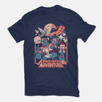 Space Trash Adventure – Sci-Fi Graphic T-Shirt in navy, flat-lay product view