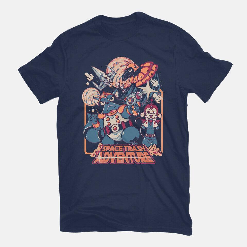 Space Trash Adventure – Sci-Fi Graphic T-Shirt in navy, flat-lay product view