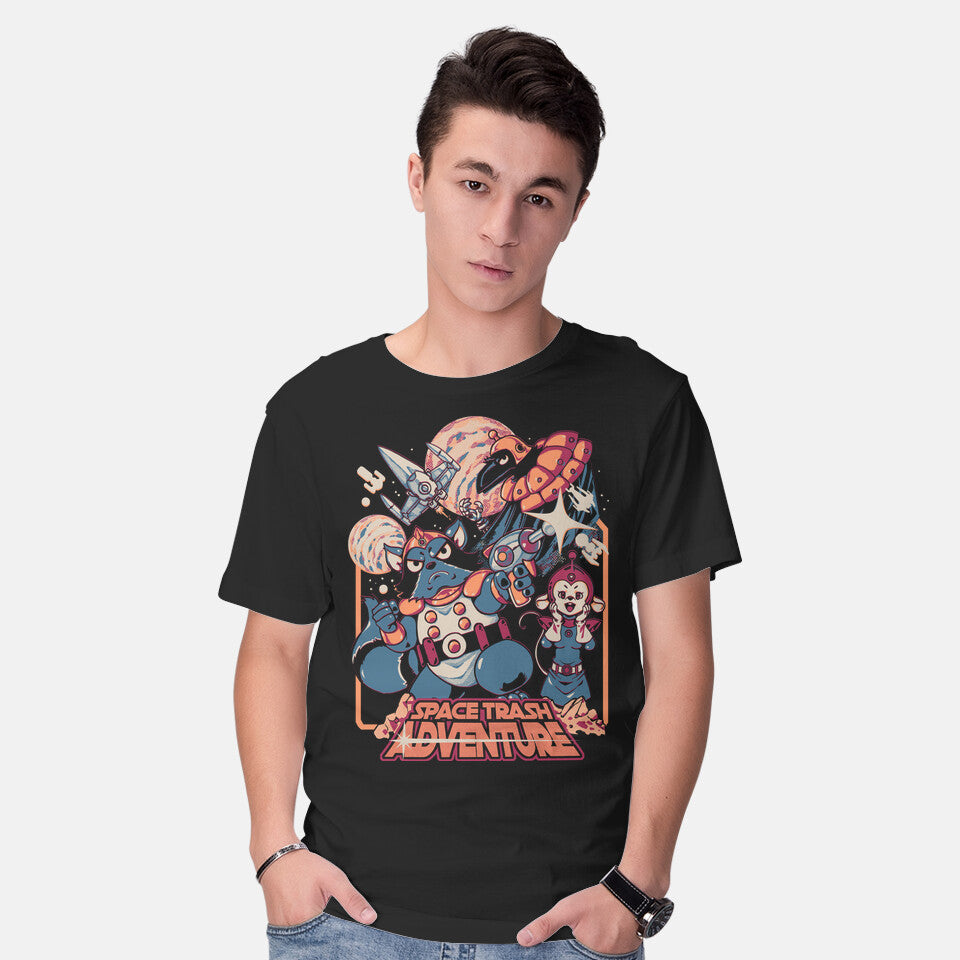 Model wearing black Space Trash Adventure – Sci-Fi Graphic T-Shirt