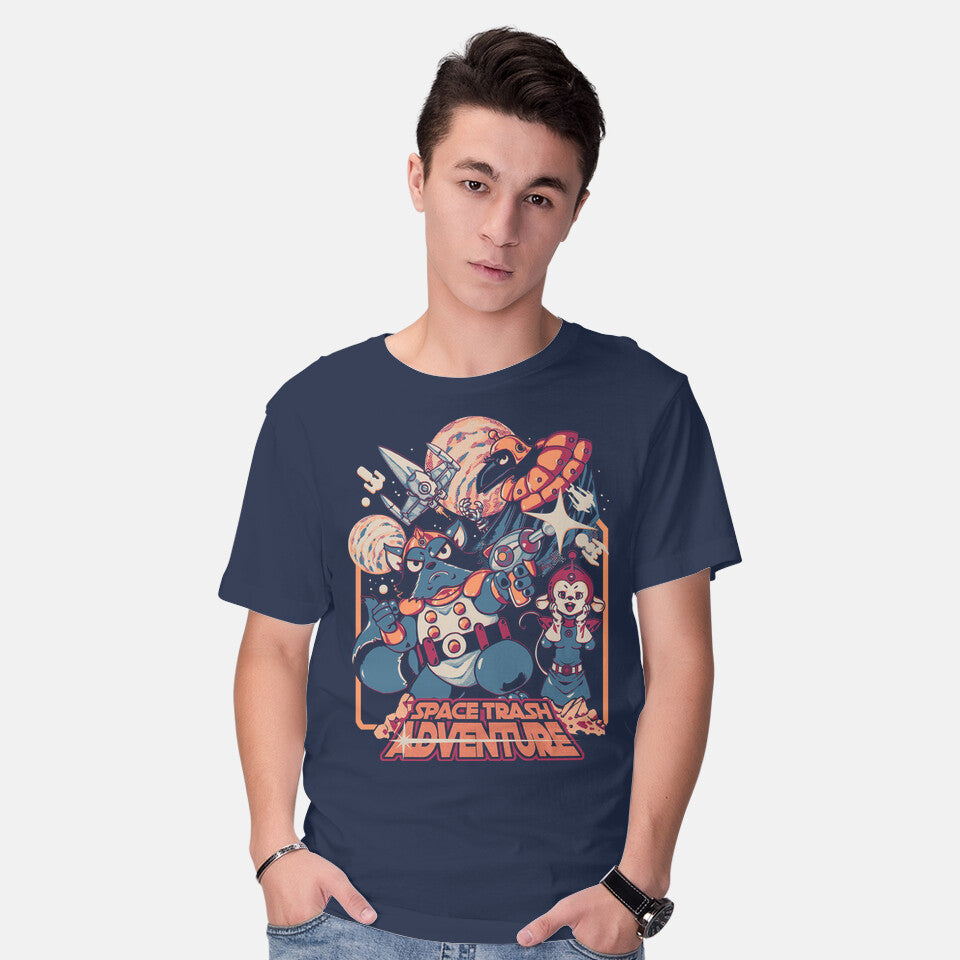Model wearing navy Space Trash Adventure – Sci-Fi Graphic T-Shirt