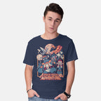 Model wearing navy Space Trash Adventure – Sci-Fi Graphic T-Shirt