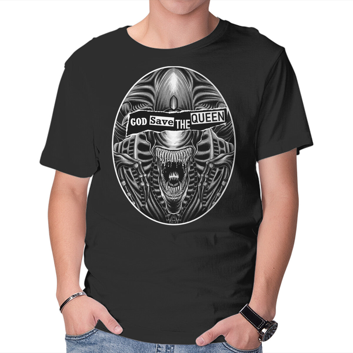 God Save The Queen – Sci-Fi Graphic T-Shirt in black, product display