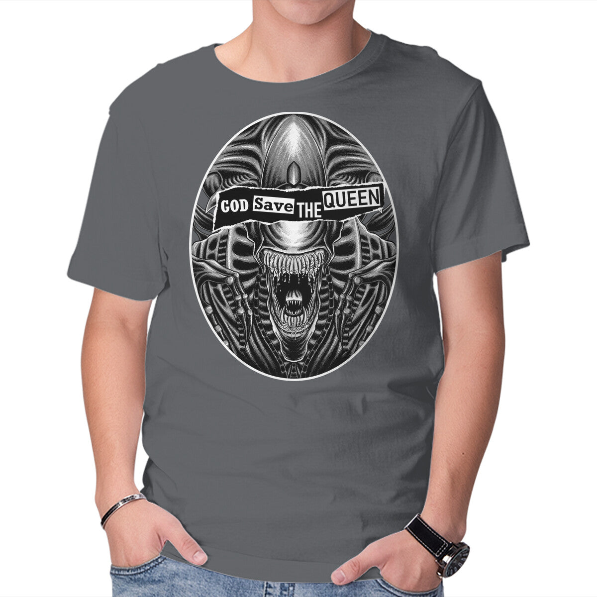 God Save The Queen – Sci-Fi Graphic T-Shirt in charcoal, product display