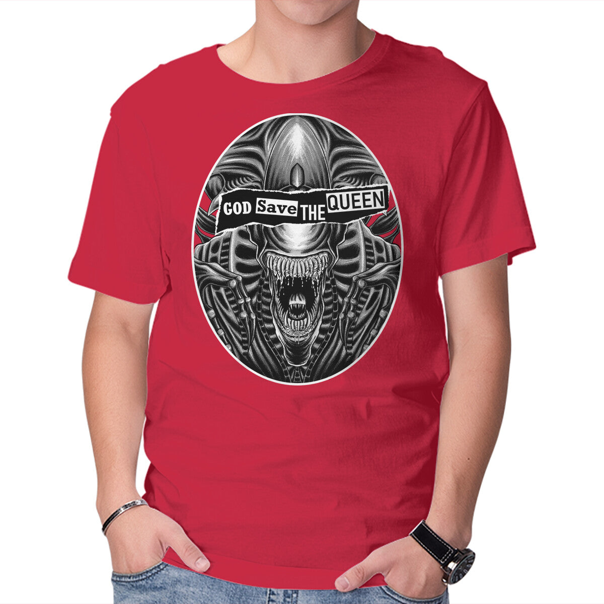 God Save The Queen – Sci-Fi Graphic T-Shirt in red, product display