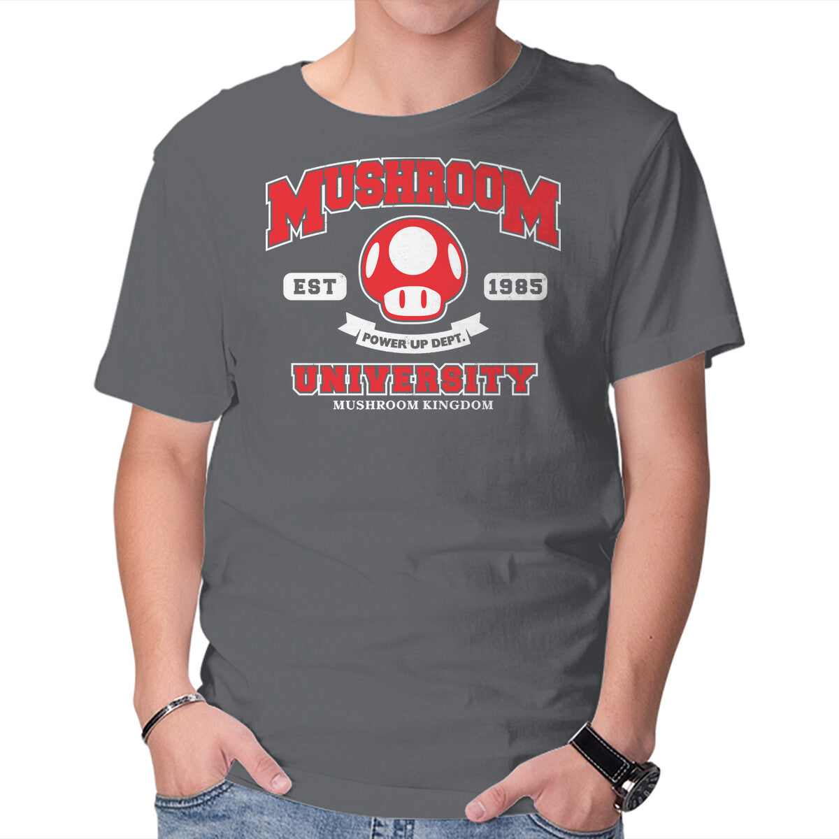 Power Up Dept – Gaming Graphic T-Shirt in charcoal, product display