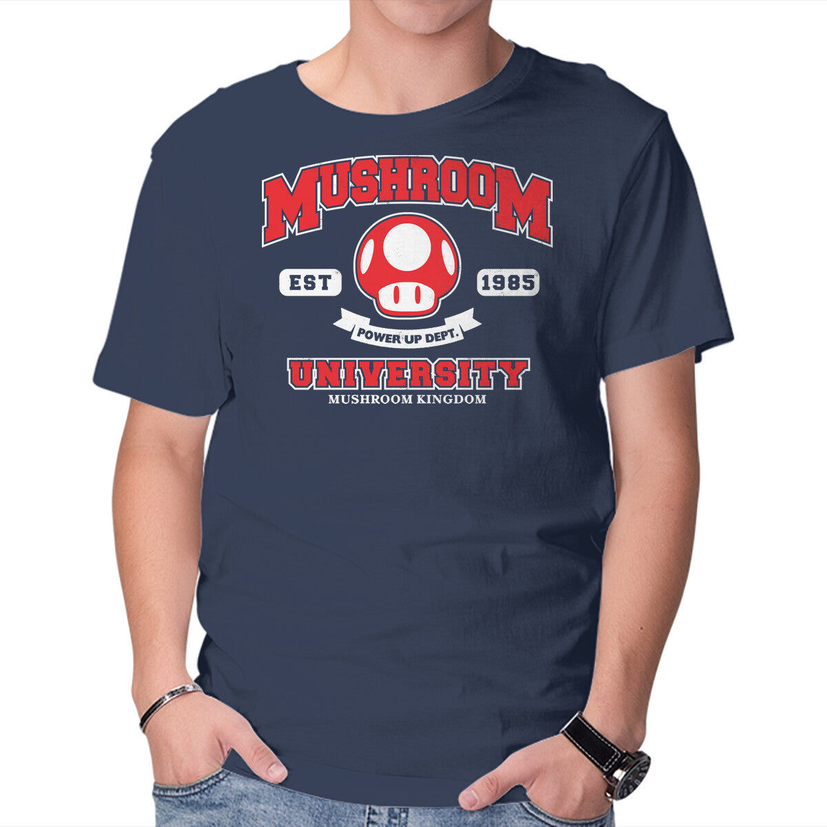 Power Up Dept – Gaming Graphic T-Shirt in navy, product display