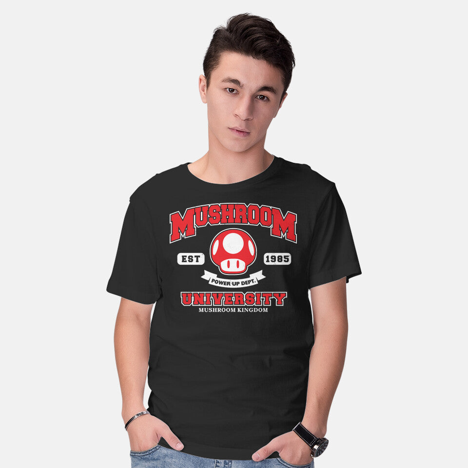 Model wearing black Power Up Dept – Gaming Graphic T-Shirt