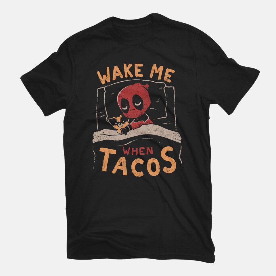 Wake Me When Tacos – Movie Graphic T-Shirt in black, flat-lay product view