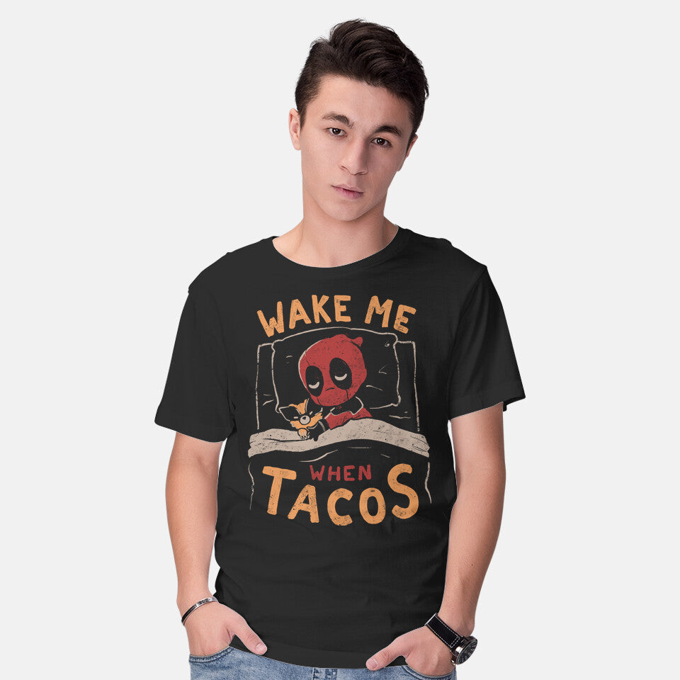 Model wearing black Wake Me When Tacos – Movie Graphic T-Shirt
